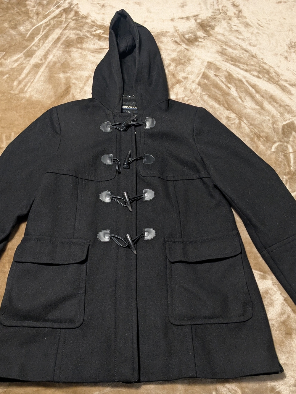 Women's London Fog Wool Blend Black Hooded Toggle Car Coat - XL
